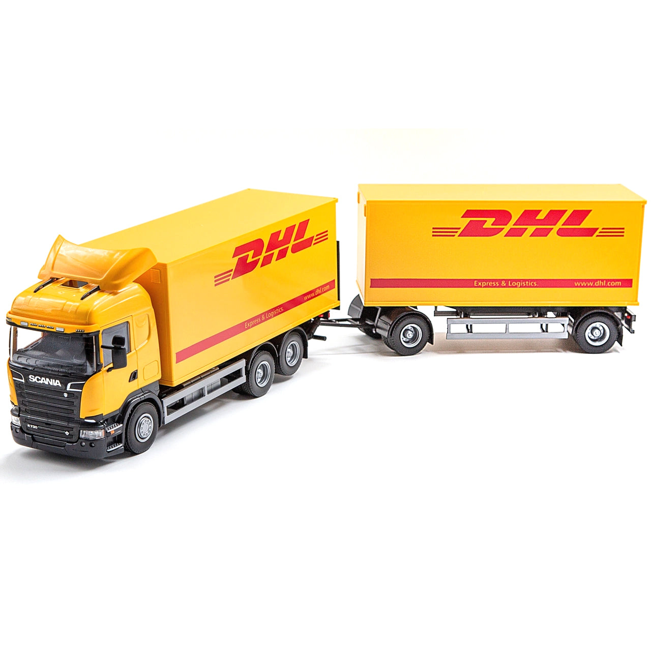 Emek Scania Transportbil med gult DHL-släp 1:25